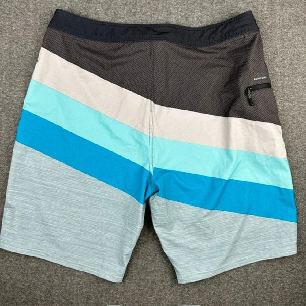 Rip Curl Mirage Board Shorts Mens 34 Blue Grey Striped Surf Trunks Zipper Pocket